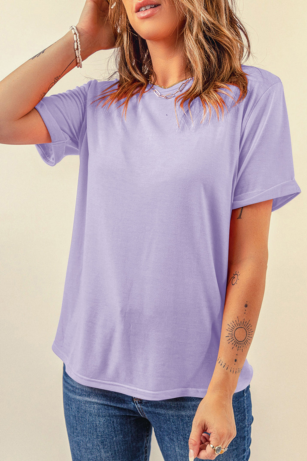 Dear-Lover plain crew neck tee in orchid petal color, casual polyester-cotton blend top, comfortable and stylish for everyday wear.