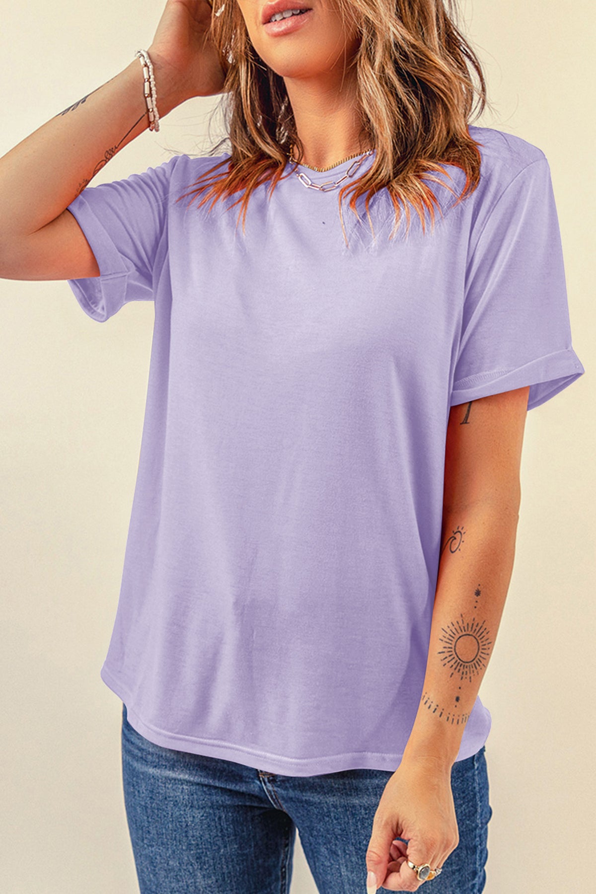 Dear-Lover plain crew neck tee in orchid petal color, casual polyester-cotton blend top, comfortable and stylish for everyday wear.