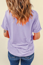 Dear-Lover casual plain crew neck T-shirt in orchid petal color, made of polyester, cotton, and elastane, comfortable and stylish.