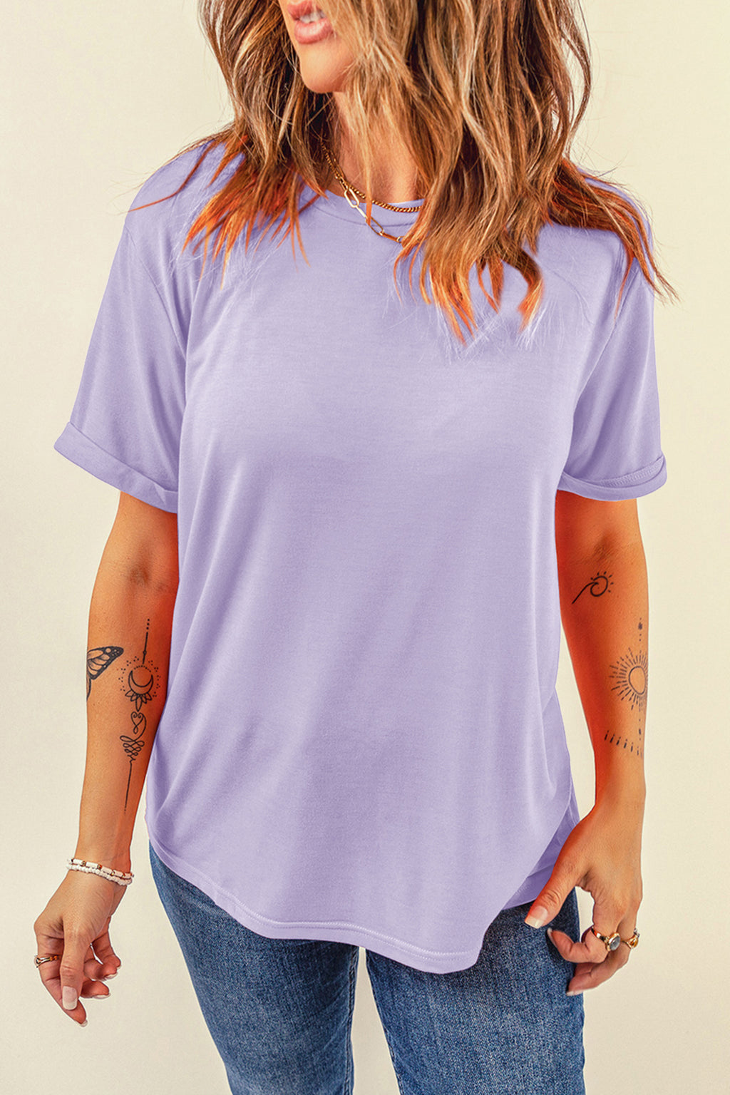 Dear-Lover plain crew neck tee, casual orchid petal design, polyester cotton blend, short sleeve top with comfortable fit.