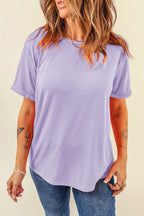 Dear-Lover plain crew neck tee, casual orchid petal design, polyester cotton blend, short sleeve top with comfortable fit.