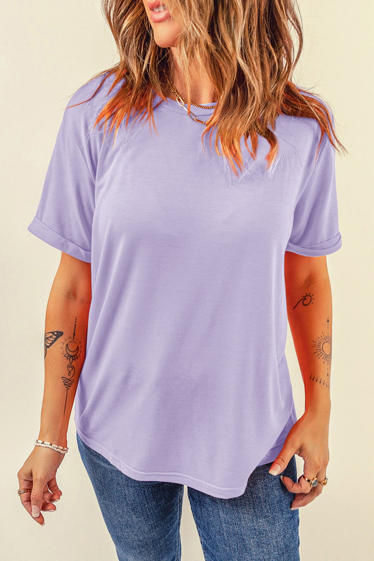 Dear-Lover plain crew neck tee, casual orchid petal design, polyester cotton blend, short sleeve top with comfortable fit.
