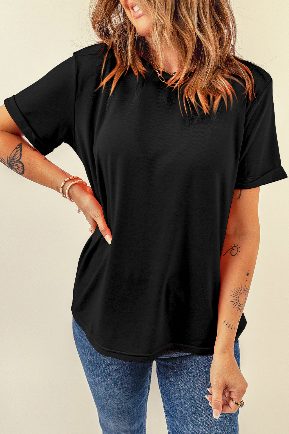 Dear-Lover casual plain crew neck tee in orchid petal color with polyester, cotton, and elastane fabric, casual tops for everyday wear.