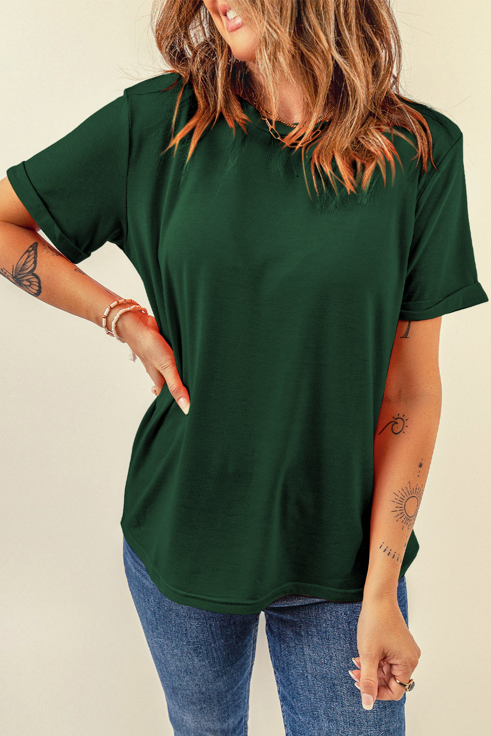 Dear-Lover casual plain crew neck tee in orchid petal color, made of polyester, cotton, and elastane, stylish and comfortable tops.