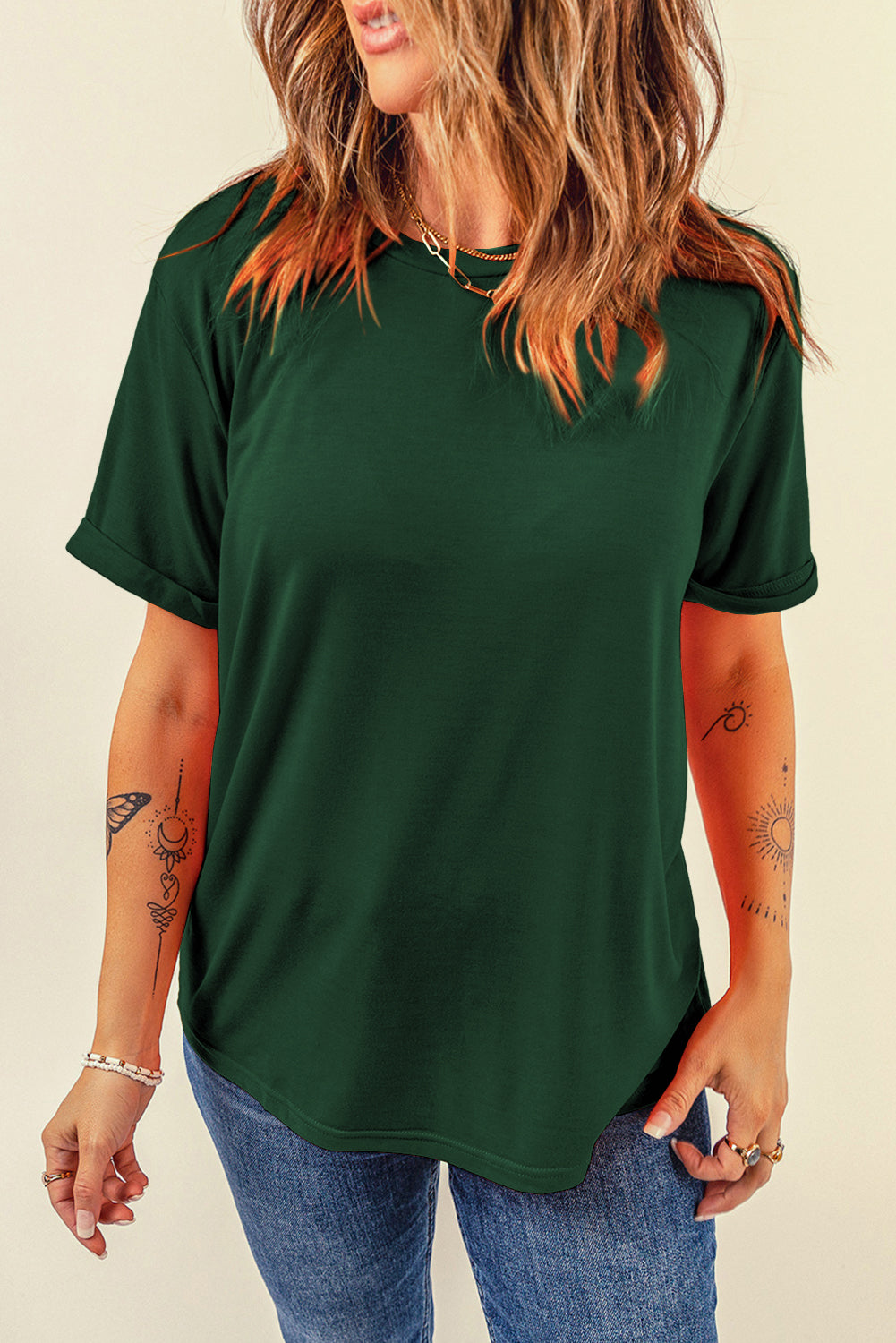 Dear-Lover casual plain crew neck tee in orchid petal color, made of polyester, cotton, and elastane for comfortable everyday wear.