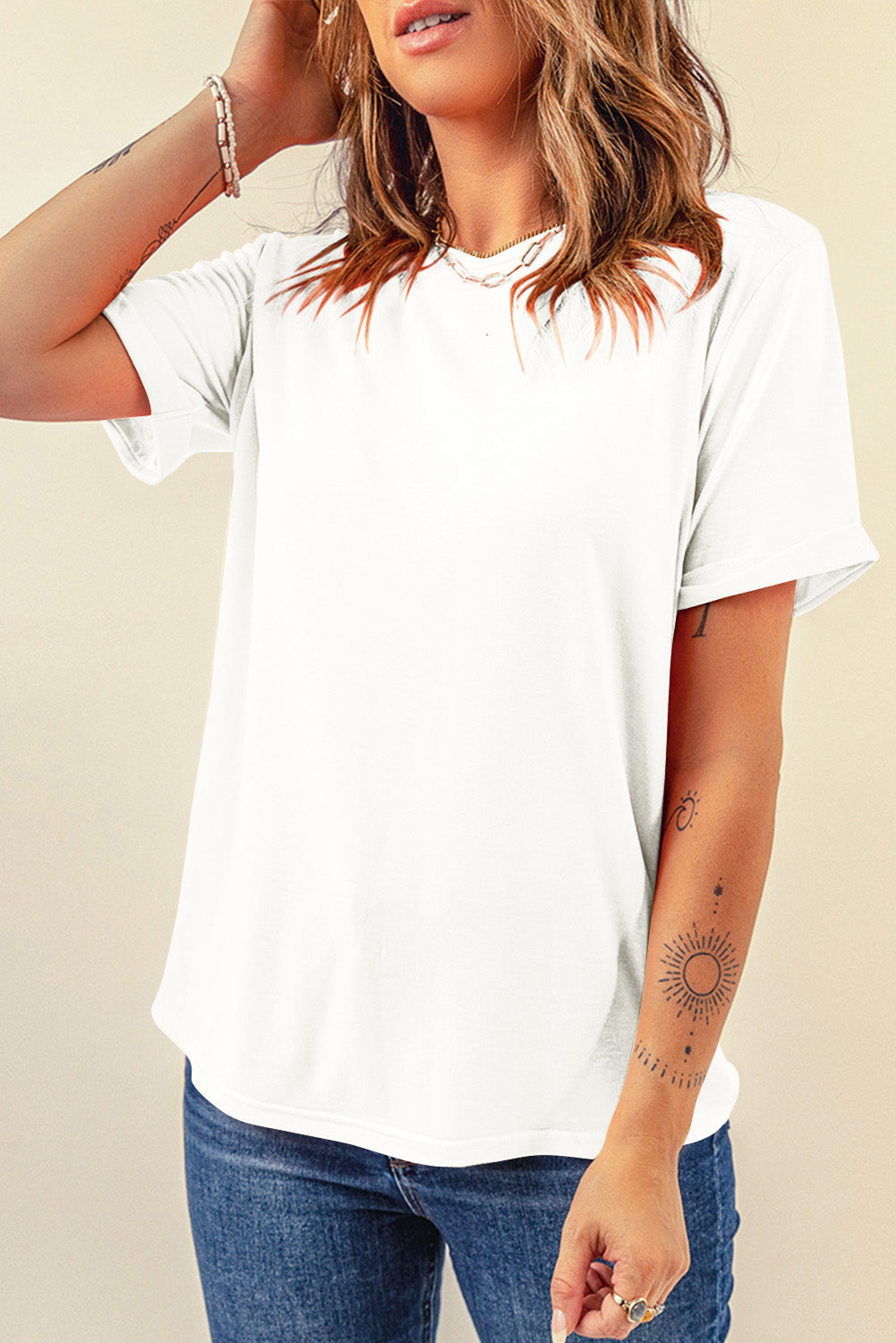 Dear-Lover plain crew neck tee, casual orchid petal design, lightweight polyester and cotton blend, comfortable everyday top