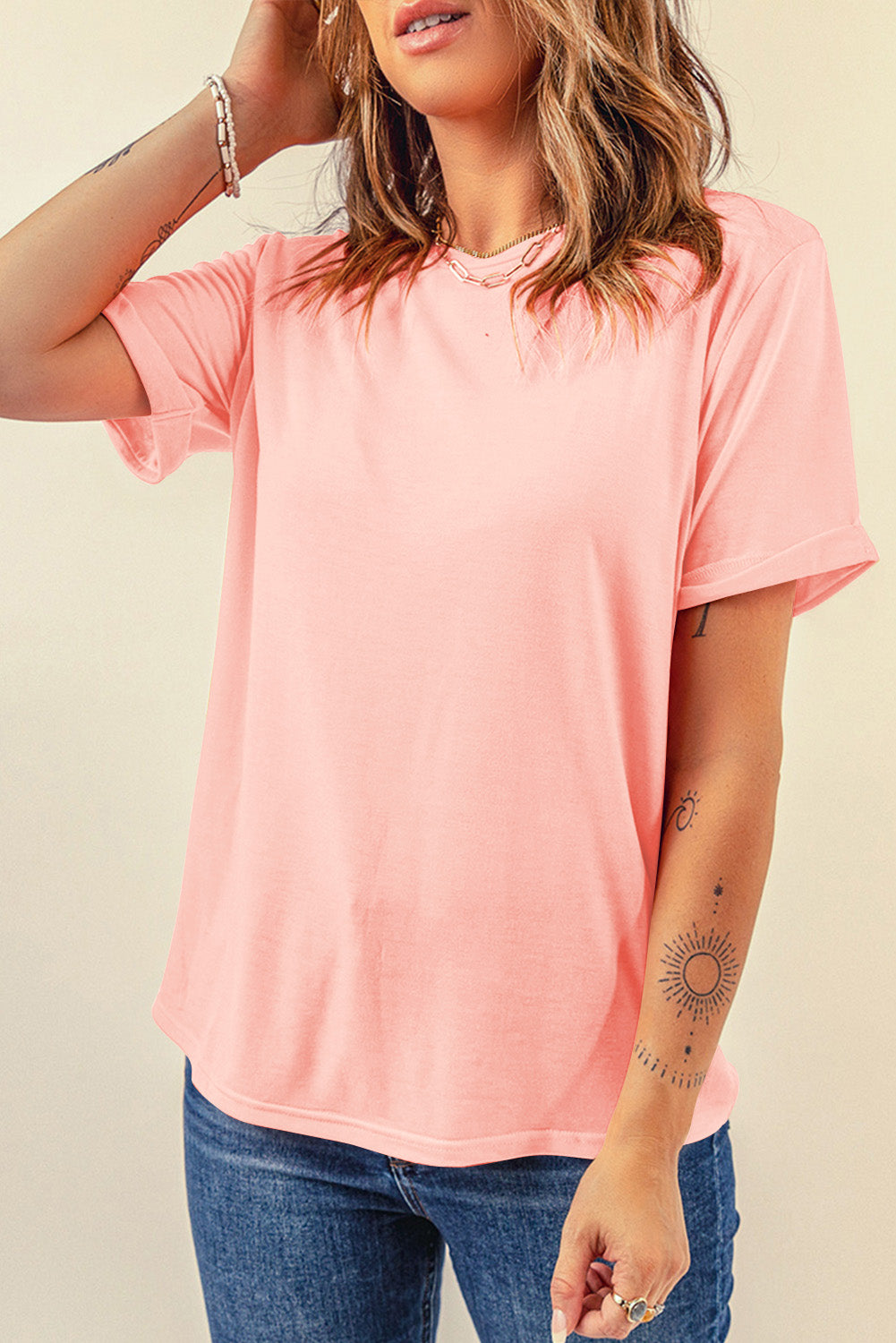 Dear-Lover plain crew neck tee, casual orchid petal color, polyester-cotton-elastane blend, comfortable tops and tees for everyday wear.