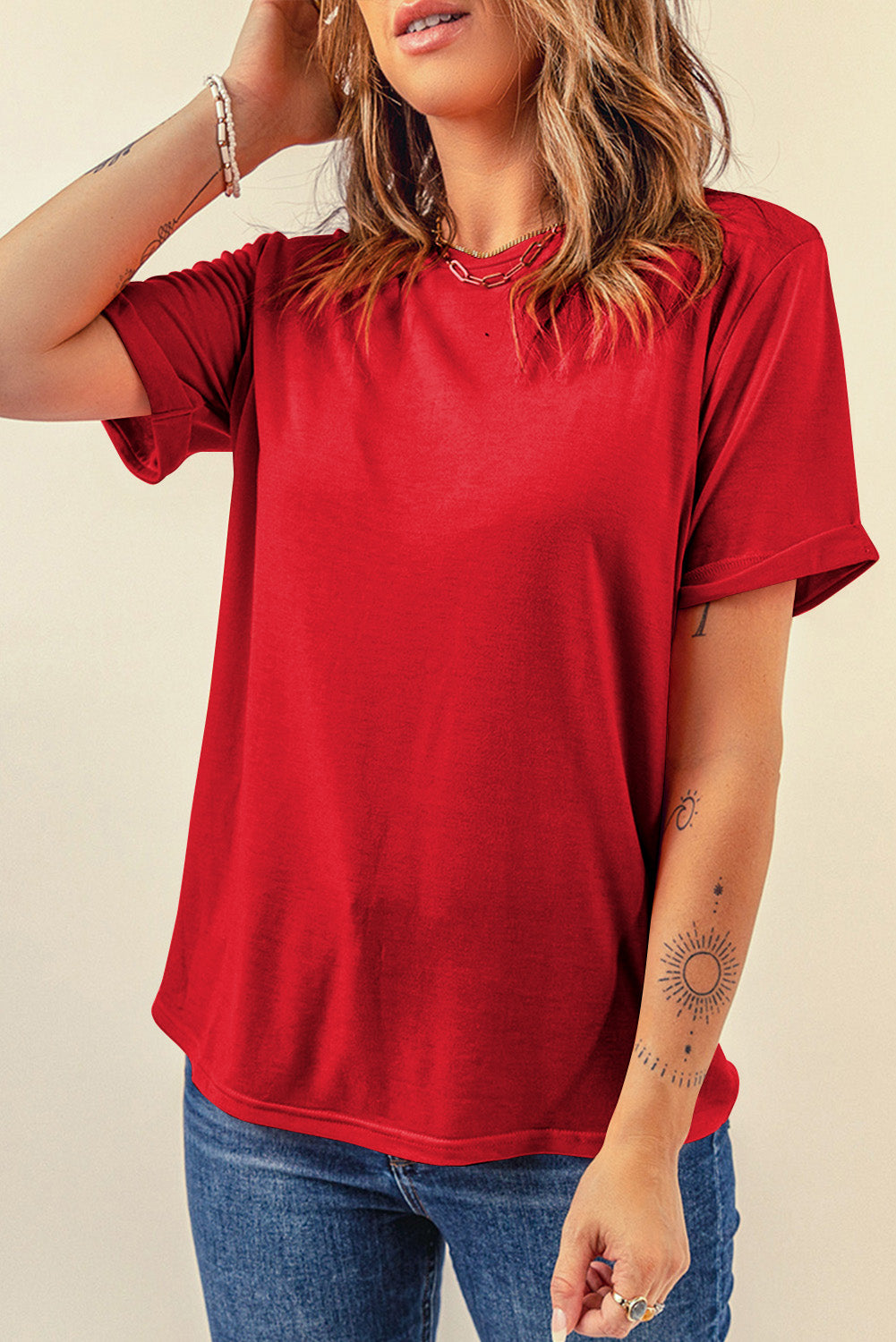 Dear-Lover casual plain crew neck tee in soft orchid petal color, made of polyester, cotton, and elastane for comfortable fit.