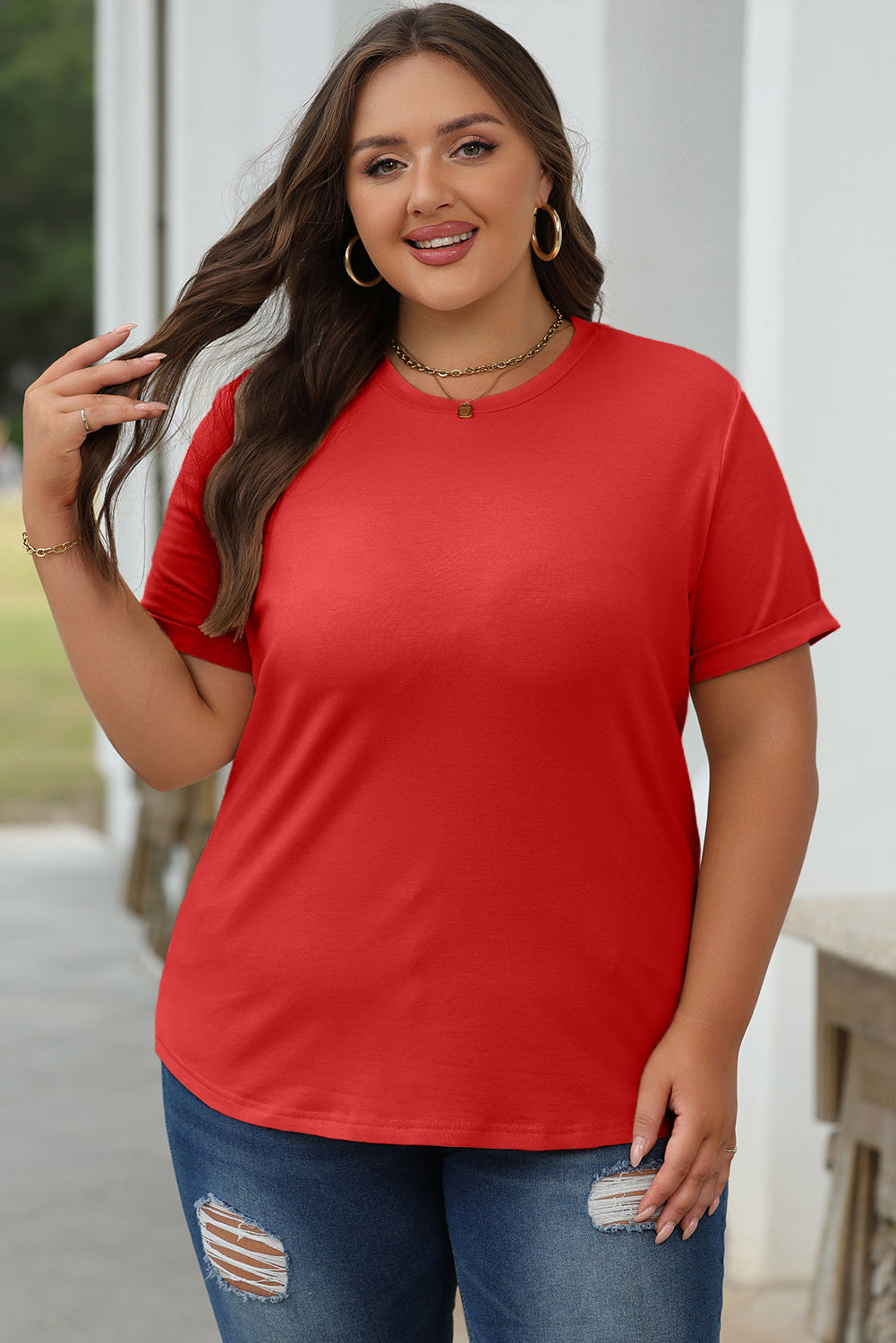 Dear-Lover casual plain crew neck T-shirt in orchid petal color, made of polyester, cotton, and elastane fabric, designed for everyday wear.