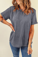 Dear-Lover casual plain crew neck tee in orchid petal color, made of polyester, cotton, and elastane, styled as a comfortable top.