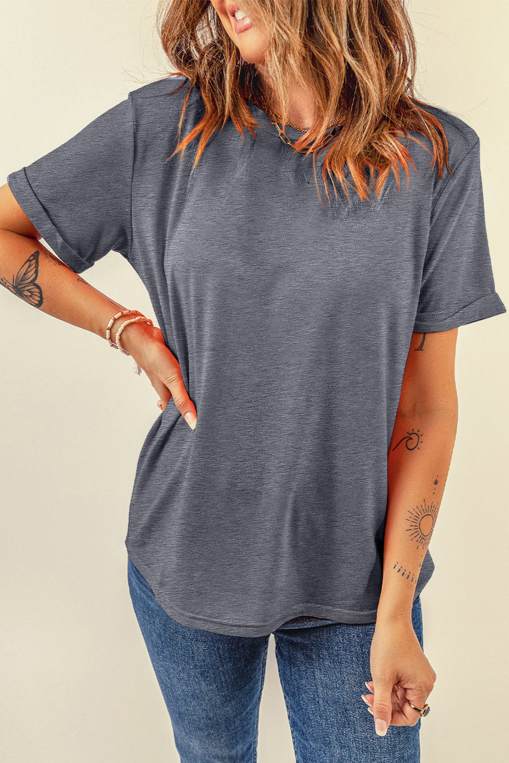 Dear-Lover casual plain crew neck tee in orchid petal color, made of polyester, cotton, and elastane, styled as a comfortable top.