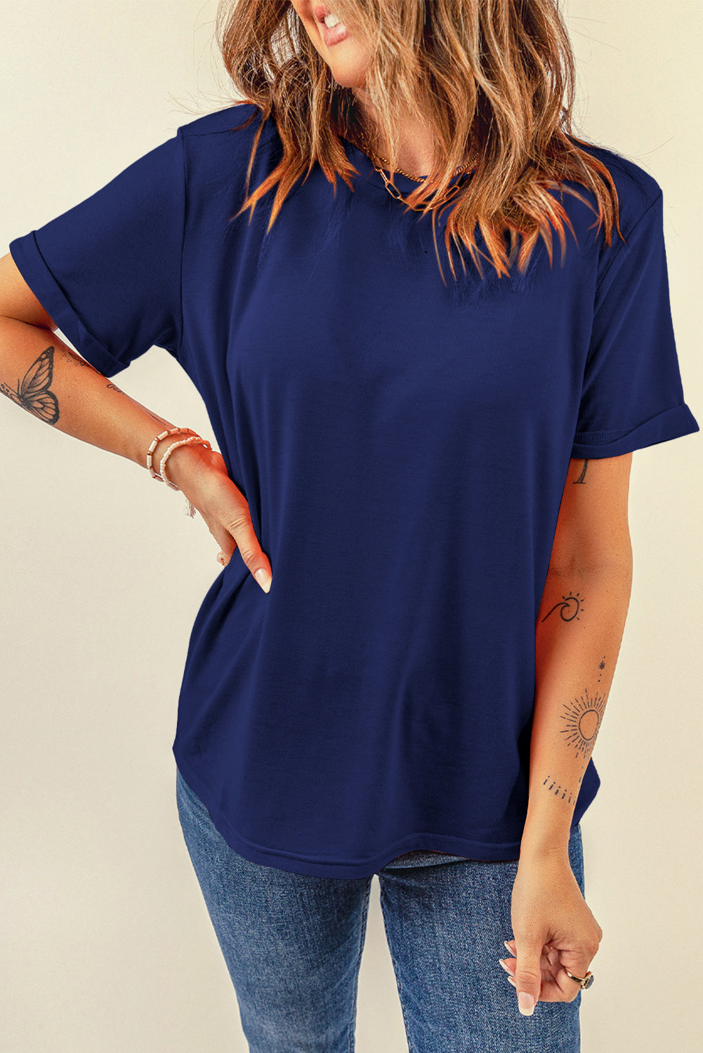 Dear-Lover plain crew neck tee in orchid petal color, casual tops made of polyester, cotton, and elastane, stylish and comfortable.