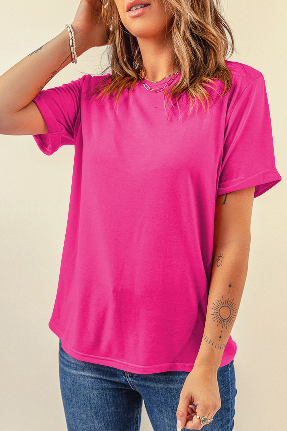 Dear-Lover casual plain crew neck tee in orchid petal color, made of polyester, cotton, and elastane, styled as a comfortable top.