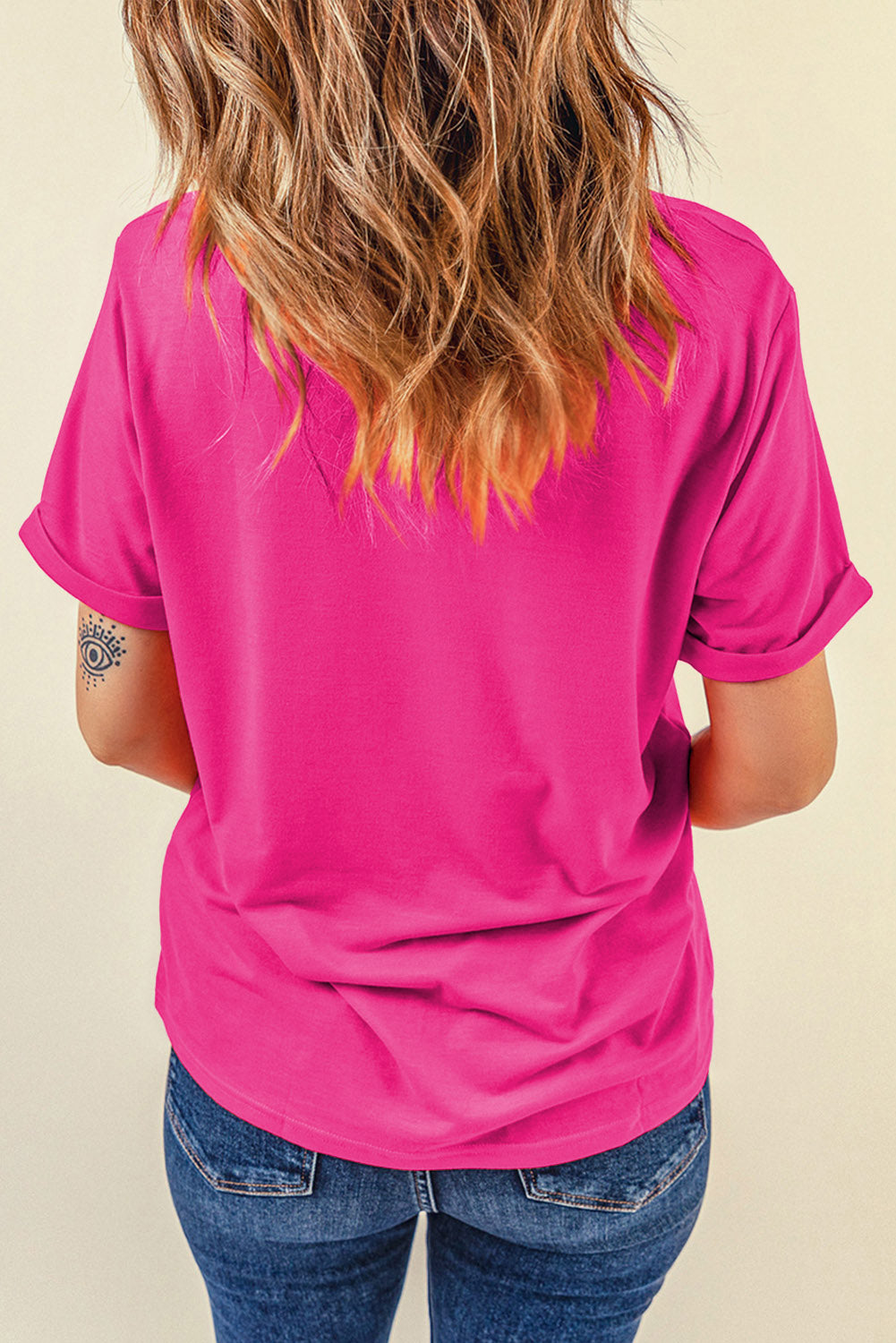 Dear-Lover casual plain crew neck tee in orchid petal color, made of polyester, cotton, and elastane, shown on a model.