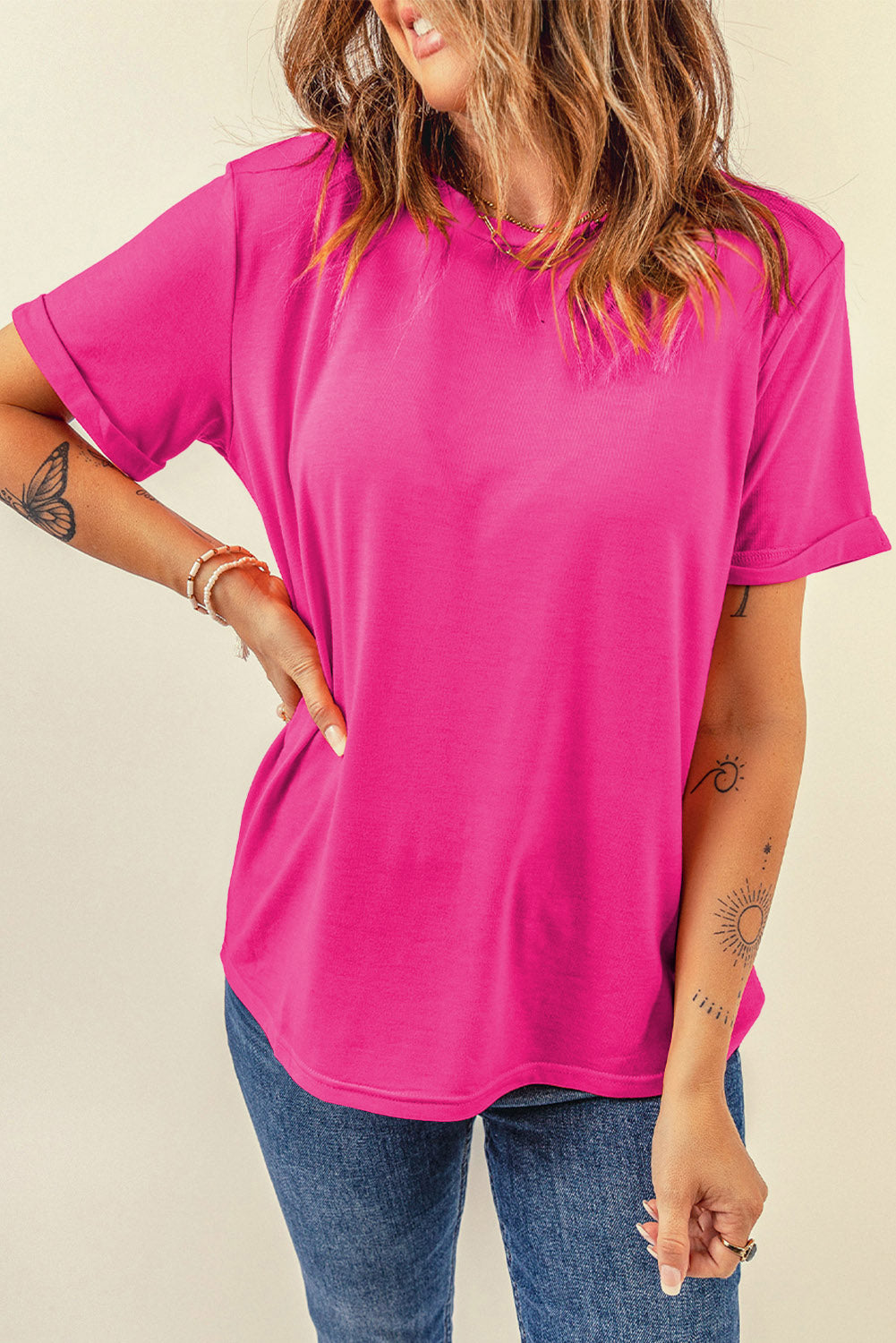 Dear-Lover casual plain crew neck tee in orchid petal color, made of polyester, cotton, and elastane, displayed flat.