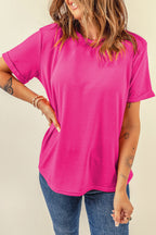 Dear-Lover casual plain crew neck tee in orchid petal color, made of polyester, cotton, and elastane, displayed flat.