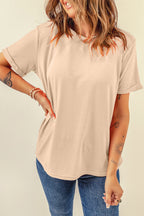 Dear-Lover casual plain crew neck tee in orchid petal color, made of polyester, cotton, and elastane, shown on a white background.