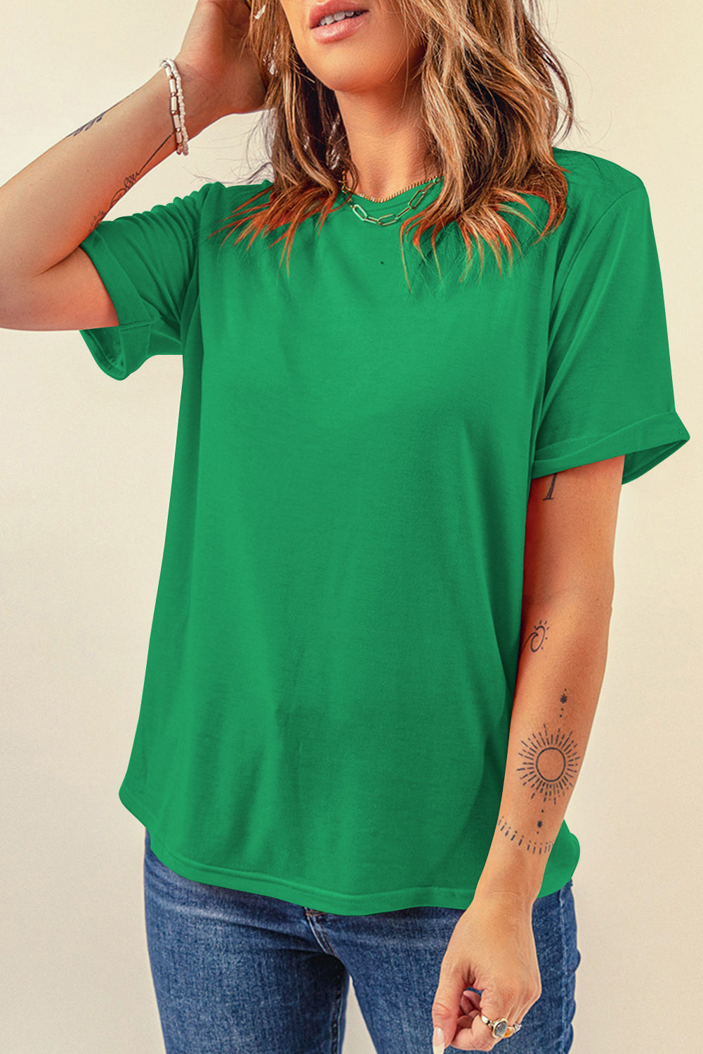 Dear-Lover casual plain crew neck tee in orchid petal color, made of polyester, cotton, and elastane, perfect for everyday wear.