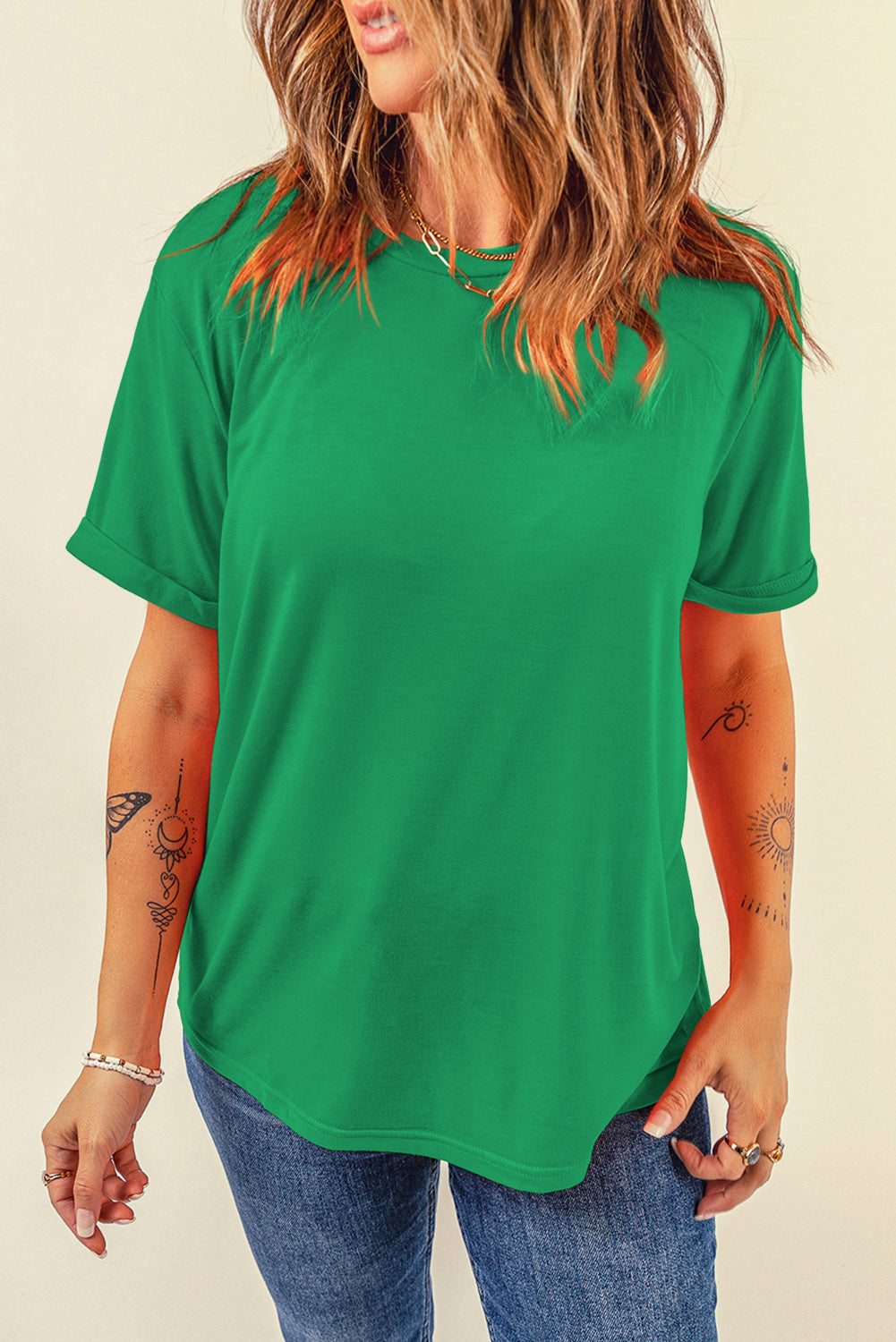 Dear-Lover casual plain crew neck T-shirt in orchid petal color, made of polyester, cotton, and elastane, for comfortable everyday wear.
