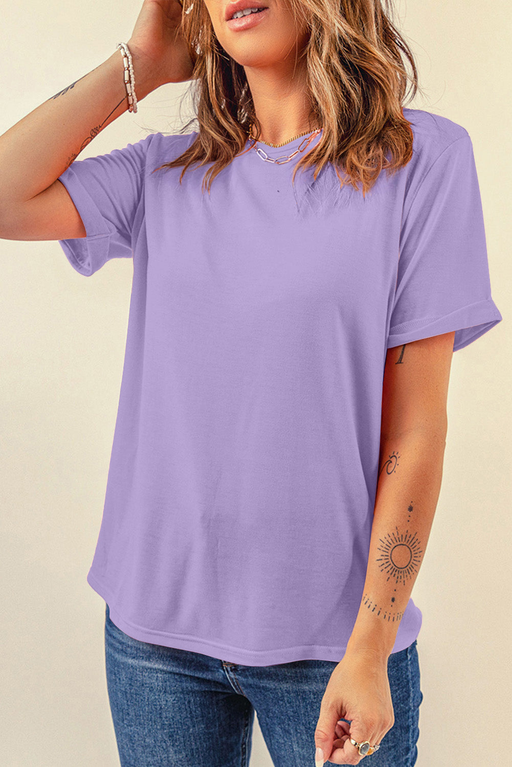 Dear-Lover plain crew neck tee in orchid petal color, casual tops made of polyester, cotton, and elastane, comfortable and stylish.