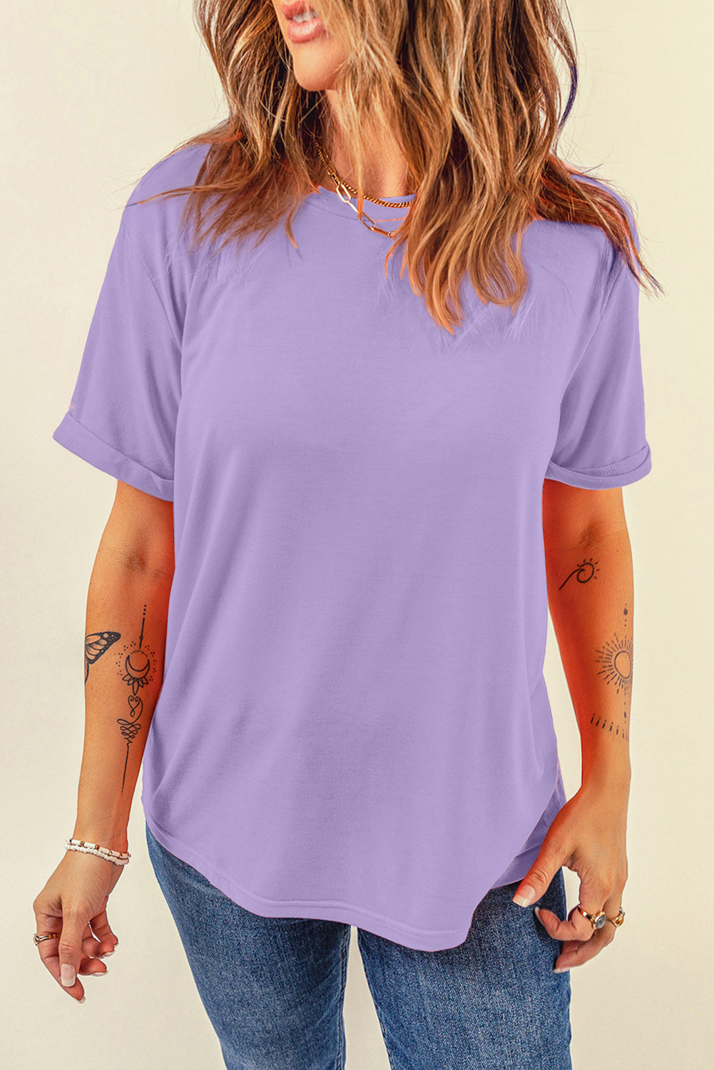 Dear-Lover plain crew neck tee in orchid petal color, made of polyester, cotton, and elastane, casual top for everyday wear.