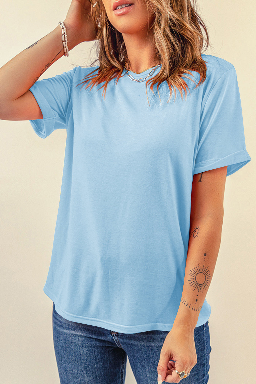 Dear-Lover casual plain crew neck tee in orchid petal color, made from polyester, cotton, and elastane, shown flat on a white background.