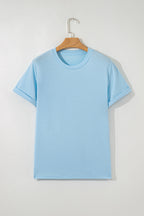 Dear-Lover casual plain crew neck tee in orchid petal color, made of polyester, cotton, and elastane for comfortable everyday wear.
