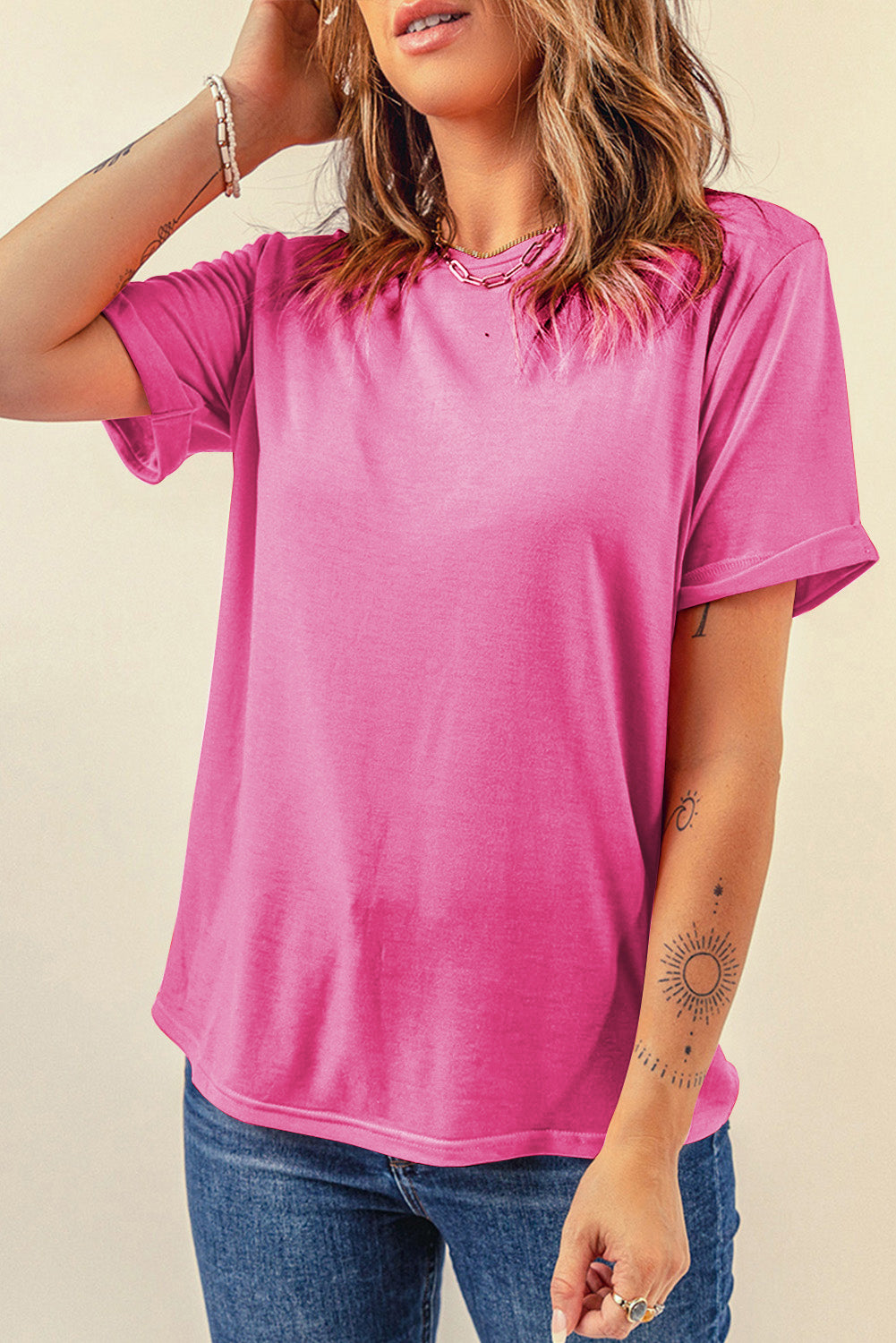 Casual plain crew neck tee from Dear-Lover in orchid petal color, made of polyester, cotton, and elastane fabric.