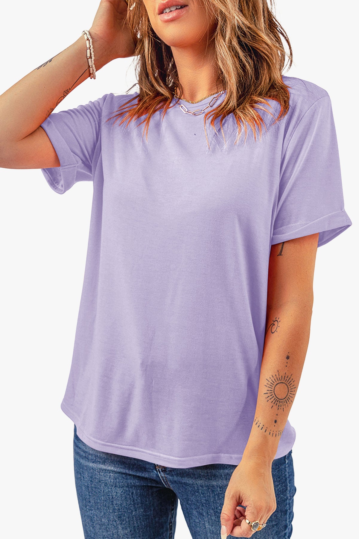 Dear-Lover casual plain crew neck tee in orchid petal color, made of polyester, cotton, and elastane, displayed on a flat surface.