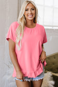 Pink frilled hem loose T-shirt from Dear-Lover Dropshipping, made of polyester, cotton, and elastane, casual tops for women.