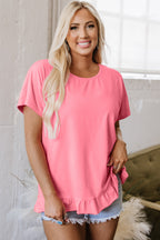 Pink frilled hem loose T-shirt from Dear-Lover Dropshipping, made of polyester, cotton, and elastane, casual tops for women.