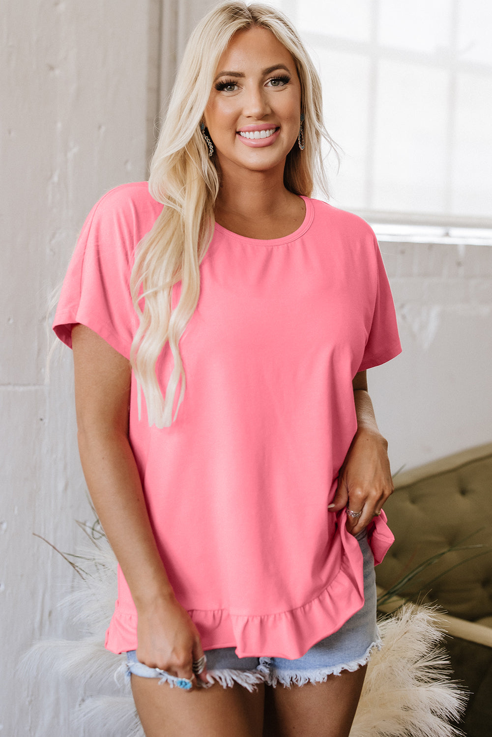 Pink frilled hem loose T-shirt from Dear-Lover Dropshipping, made of polyester, cotton, and elastane, casual tops for women.