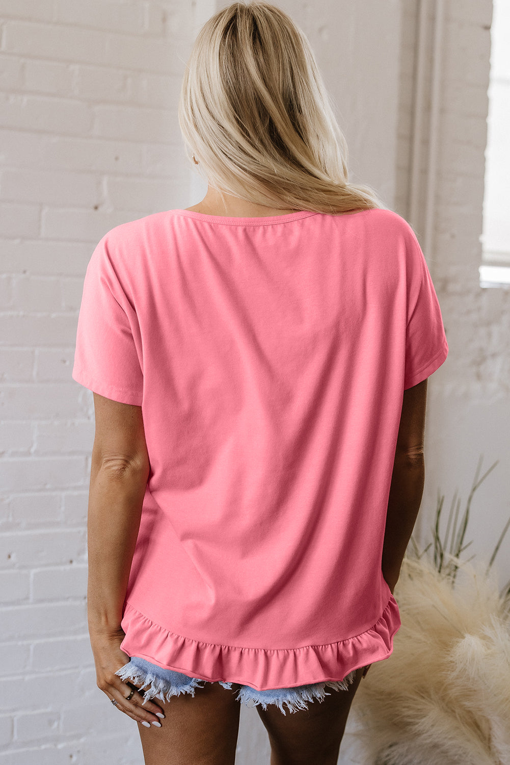 Pink Dear-Lover loose T-shirt with frilled hem, made of polyester, cotton, and elastane, casual tops and tees for women.