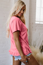 Pink frilled hem loose T-shirt from Dear-Lover Dropshipping, made of polyester, cotton, and elastane, casual top with relaxed fit.