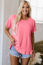 Pink frilled hem loose T-shirt from Dear-Lover Dropshipping, made of polyester, cotton, and elastane, casual tops for women.