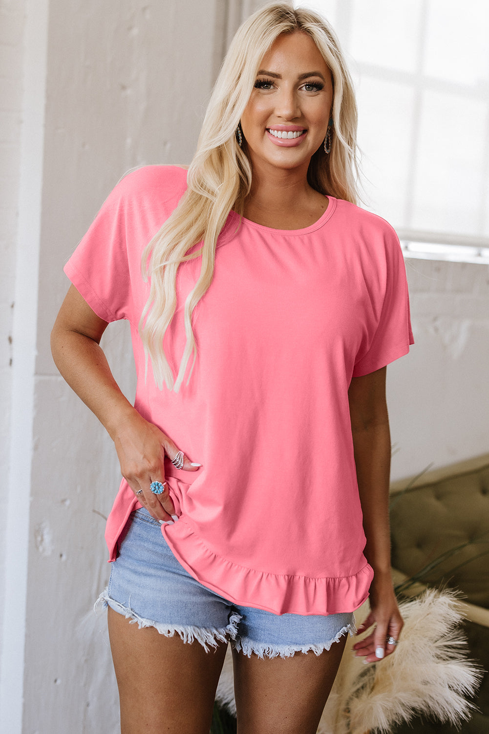 Pink frilled hem loose T-shirt from Dear-Lover Dropshipping, made of polyester, cotton, and elastane, casual tops for women.
