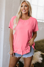 Pink Dear-Lover loose T-shirt with frilled hem, made of polyester, cotton, and elastane, casual top for women.
