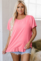 Pink frilled hem loose T-shirt from Dear-Lover Dropshipping, made of polyester, cotton, and elastane, casual top with relaxed fit.