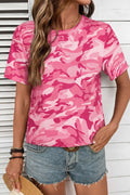 Pink camouflage print crew neck T-shirt by Dear-Lover Dropshipping, made of polyester and elastane, casual tops for women.