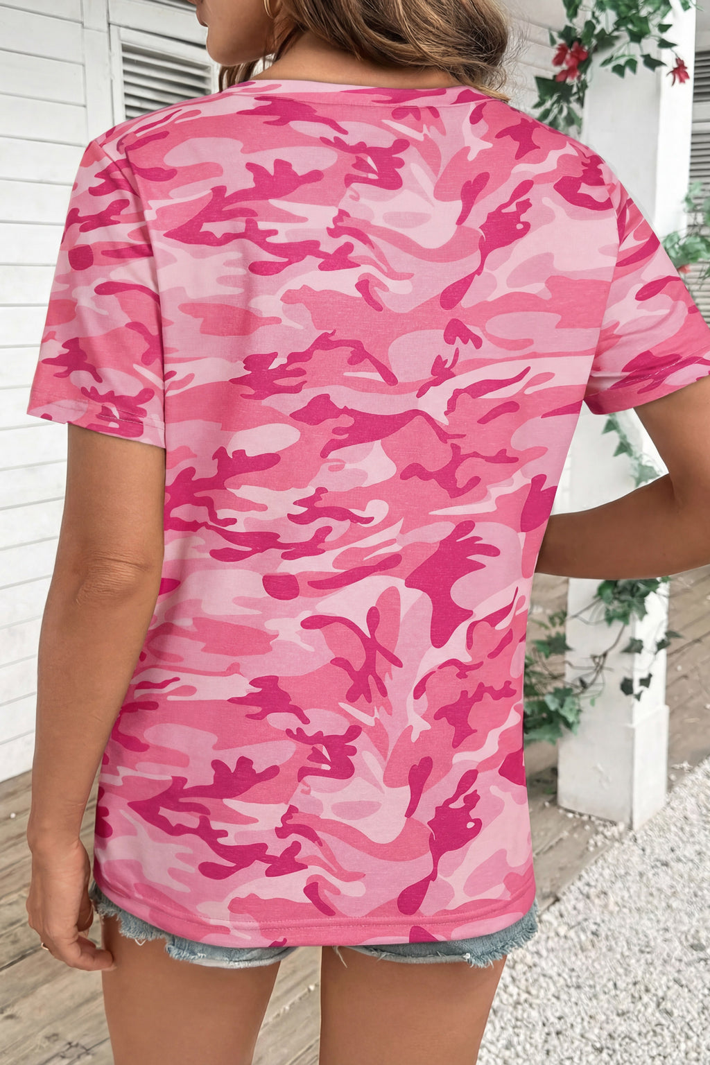Pink camouflage print crew neck T-shirt from Dear-Lover, made of polyester and elastane, casual tops for everyday wear.