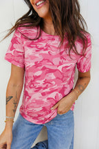 Pink camouflage print crew neck T-shirt from Dear-Lover Dropshipping, made of polyester and elastane, casual top for everyday wear.