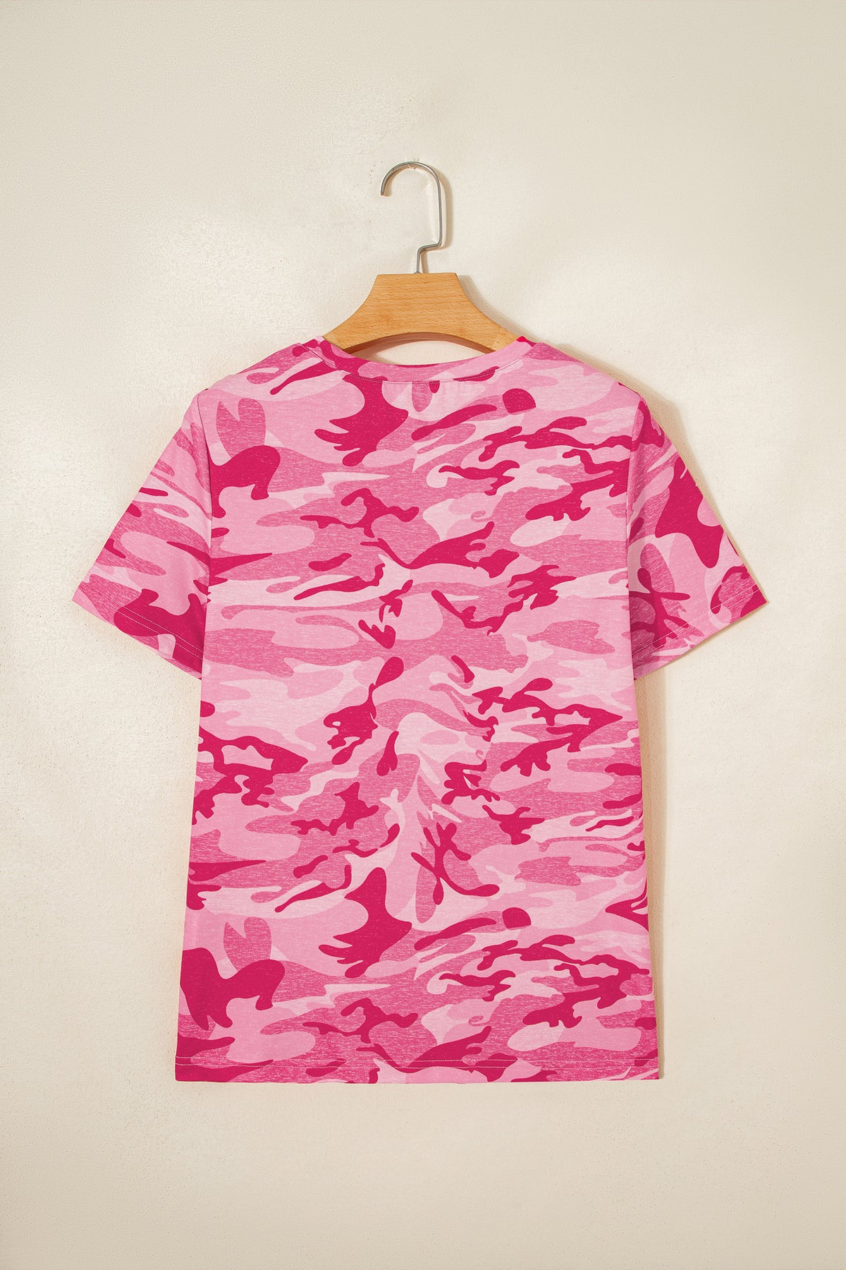 Pink camouflage print crew neck T-shirt by Dear-Lover Dropshipping, made of polyester and elastane, casual top for women.