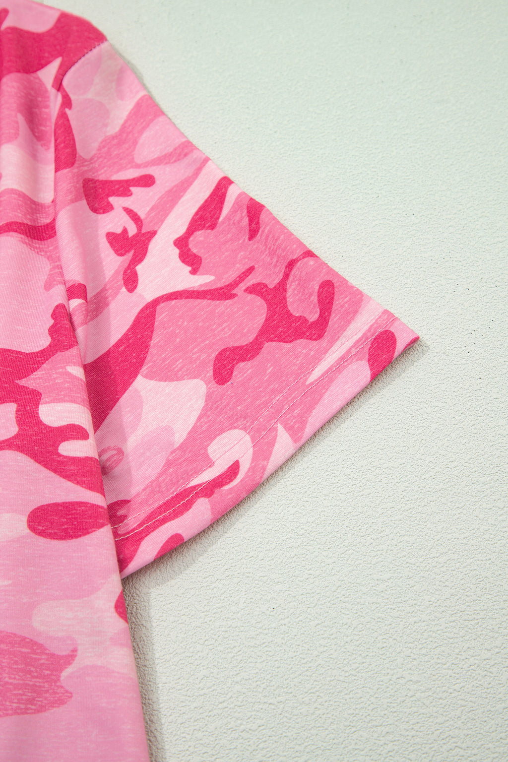 Pink camouflage print crew neck T-shirt by Dear-Lover, made of polyester and elastane, casual tops and tees for women.