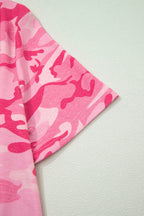 Pink camouflage print crew neck T-shirt by Dear-Lover, made of polyester and elastane, casual tops and tees for women.