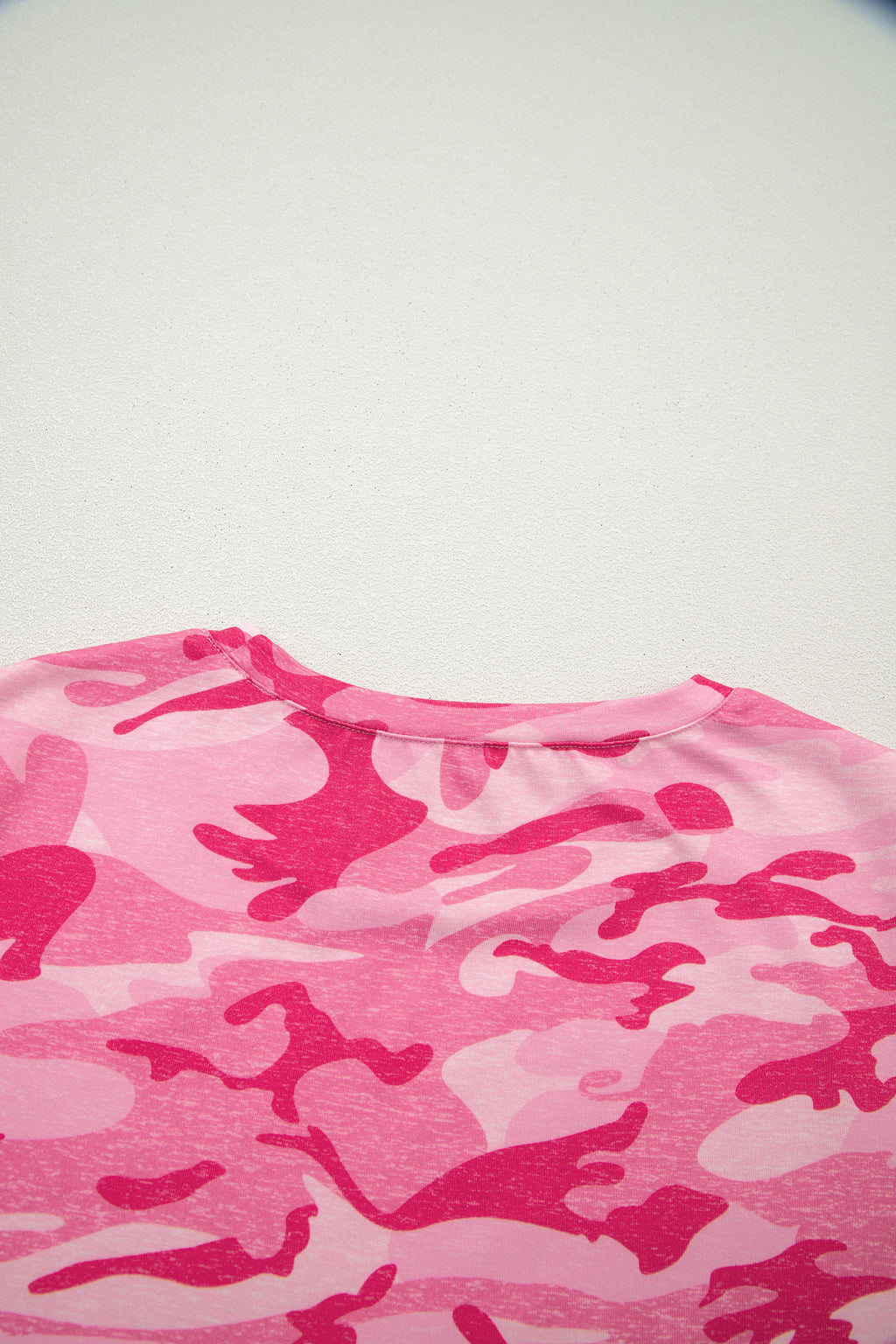 Pink camouflage print crew neck T-shirt from Dear-Lover Dropshipping, made of polyester and elastane, casual top for everyday wear.