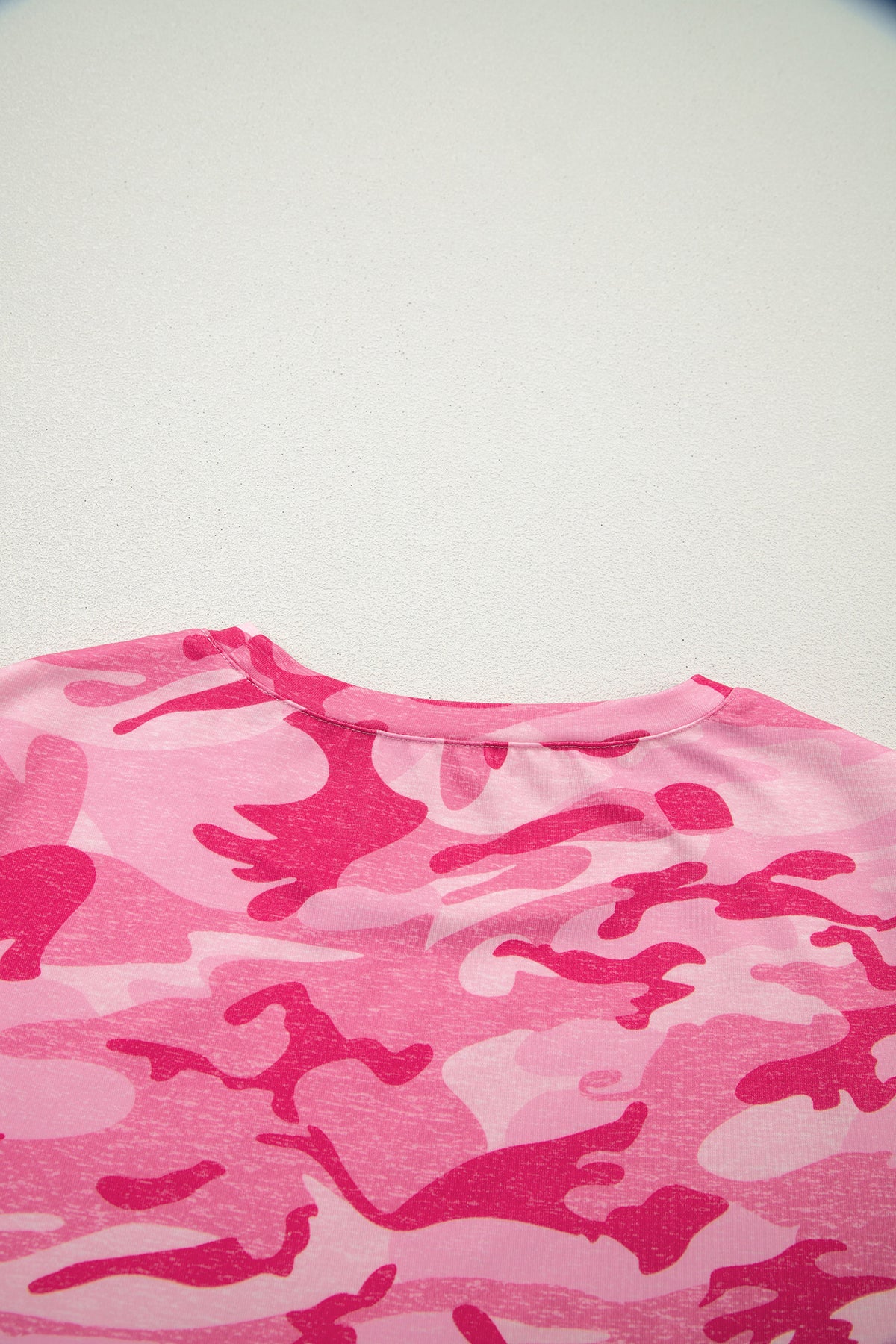 Pink camouflage print crew neck T-shirt from Dear-Lover Dropshipping, made of polyester and elastane, casual top for everyday wear.