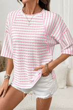 Pink stripe textured knit half-sleeve loose top by Dear-Lover Dropshipping, featuring split hem and soft fabric blend.