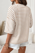 Pink striped textured knit loose top with split hem and half sleeves, made by Dear-Lover Dropshipping, perfect for casual wear.