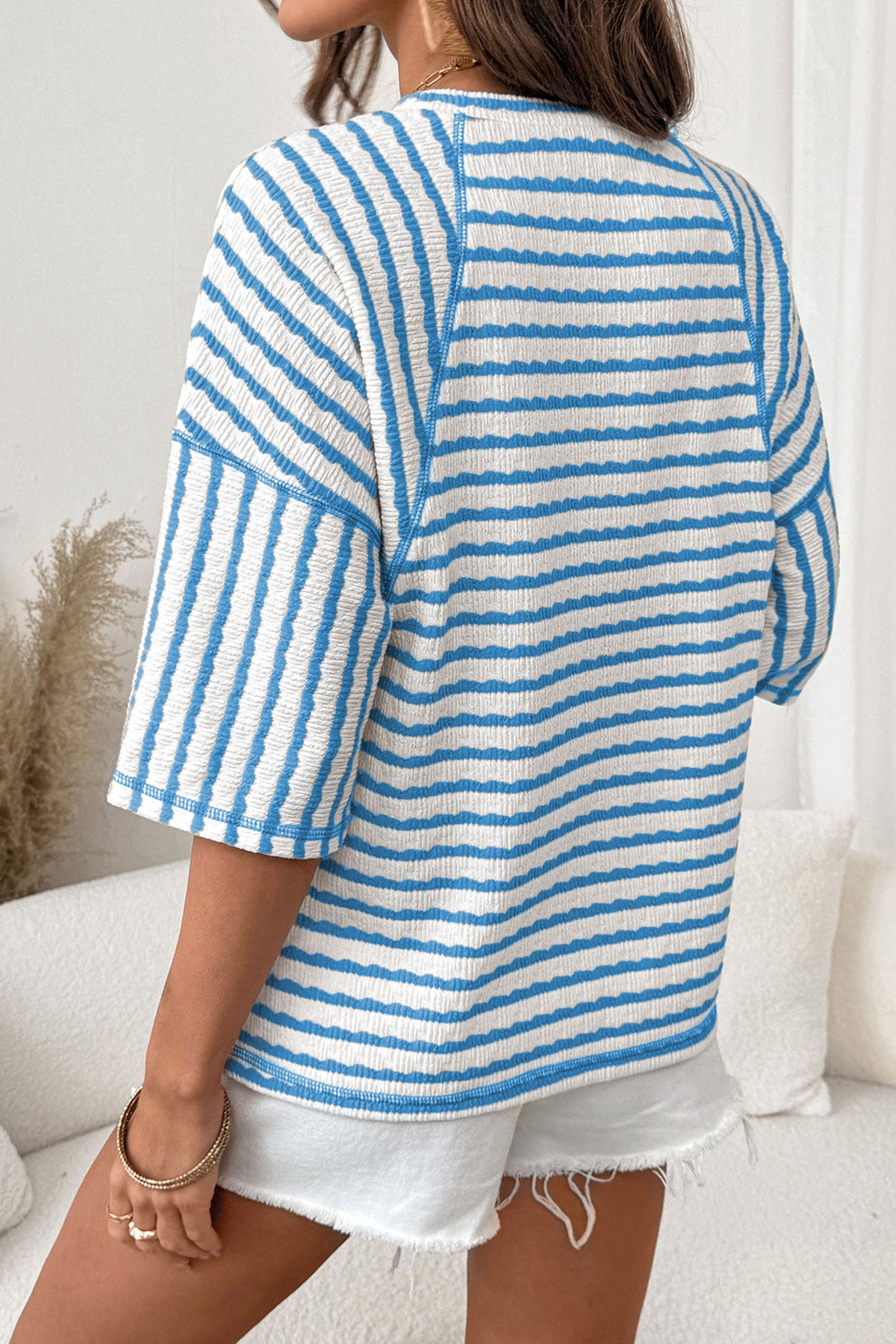 Pink stripe textured knit loose top with split hem and half sleeves from Dear-Lover, made of polyester, viscose, and elastane.