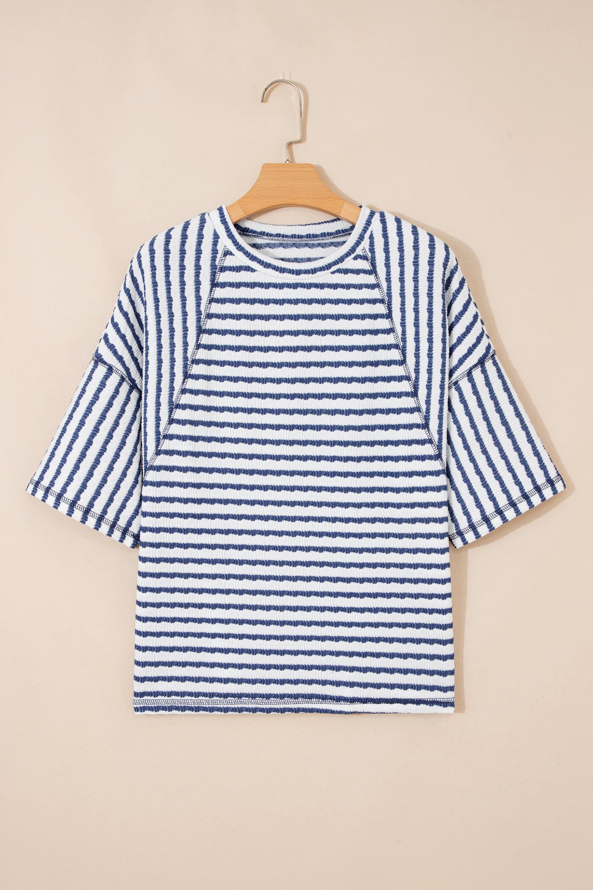 Pink stripe textured knit loose top with split hem and half sleeves, made by Dear-Lover, perfect for casual wear.